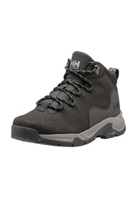 Botas de senderismo negras con acentos grises, parte superior de tela, cuello acolchado y suela texturizada con profundos surcos para tracción. Cordones reflectantes.