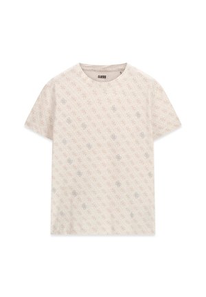 T-shirt beige à manches courtes avec col rond et un motif subtil en losanges répétés avec le logo Guess en rose clair et gris.