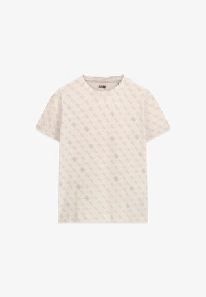 T-shirt beige à manches courtes avec col rond et un motif subtil en losanges répétés avec le logo Guess en rose clair et gris.