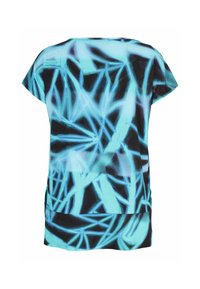 Short-sleeve top made of lightweight fabric featuring a blue and black abstract pattern, with a relaxed fit and curved hem.