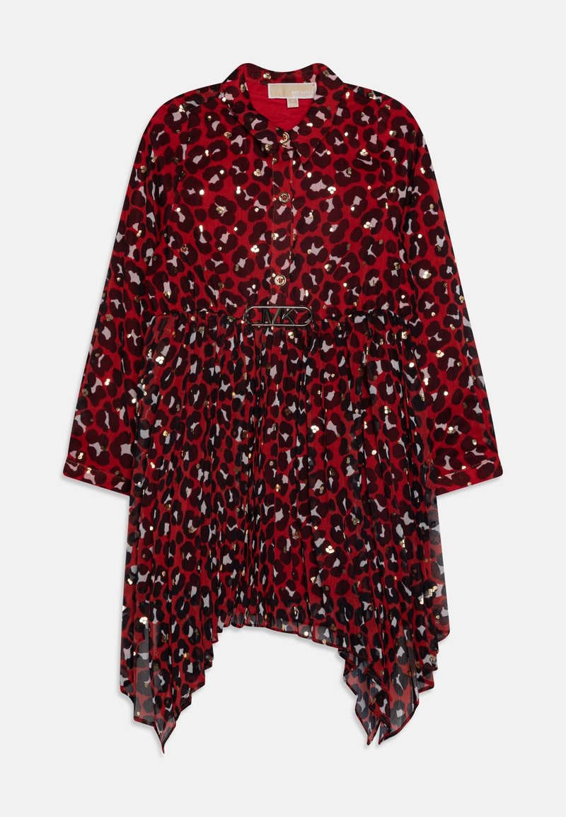 Robe à imprimé léopard rouge avec manches longues, boutonnage avant, taille froncée et ourlet asymétrique. Dotée de sequins et d'une ceinture noire accentuée.