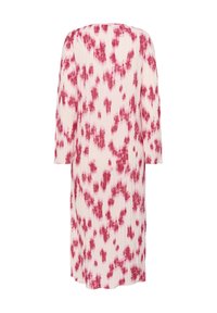 Rochie pliată de culoare roz deschis, cu un model de tie-dye roșu. Dispune de manșete trei sferturi și o siluetă lejeră. Material moale și ușor.