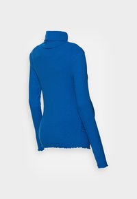 Korkeakauluspaita kirkkaan sinisenä, ribbitetty pinta, pitkät hihat, istuva malli, taitettu kaulus ja rypytetty yksityiskohta sivuilla.