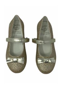 Scarpe Mary Jane dorate con glitter, dotate di una cintura metallica e un'accattivante decorazione a fiocco, realizzate in pelle naturale con design a punta rotonda. Taglia 28.