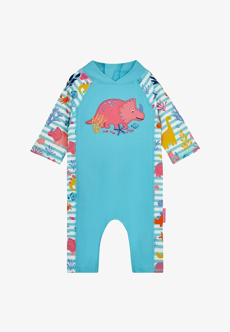 Costum de neopren scurt, de culoare albastră, cu mâneci scurte și un grafic cu un triceratops. Mâneci cu dungi care prezintă creaturi marine colorate și plante. Textură netedă.