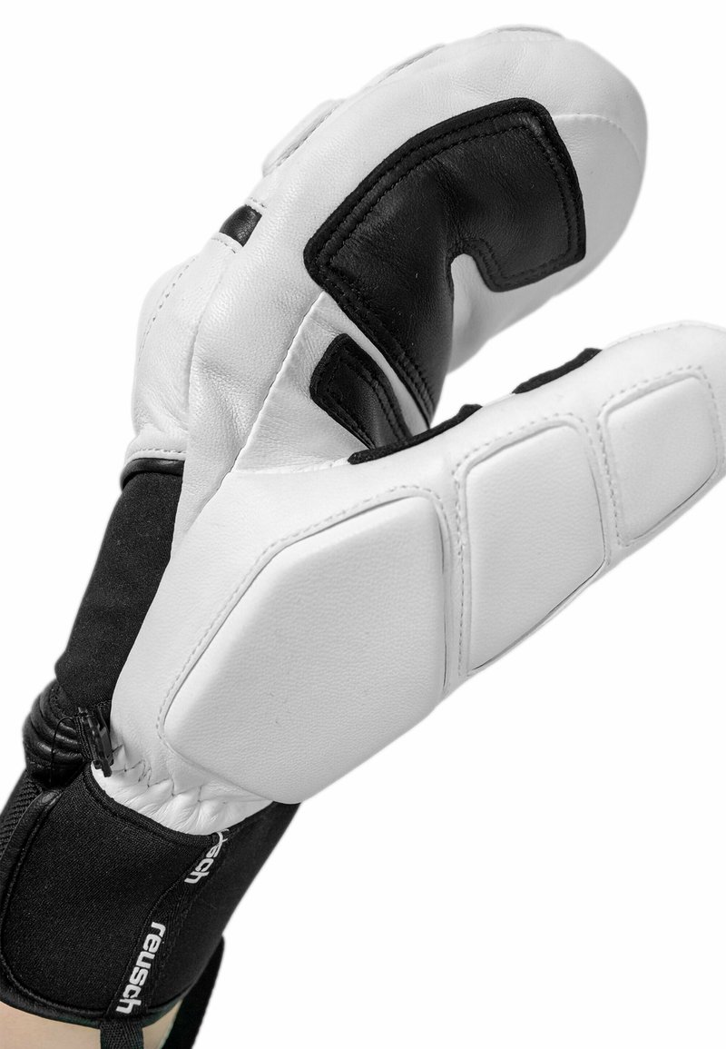 Fußballhandschuhe mit einem Design aus weißem Leder und schwarzem Stoff, ausgestattet mit gepolsterten Fingern und einer strukturierten Griffoberfläche.