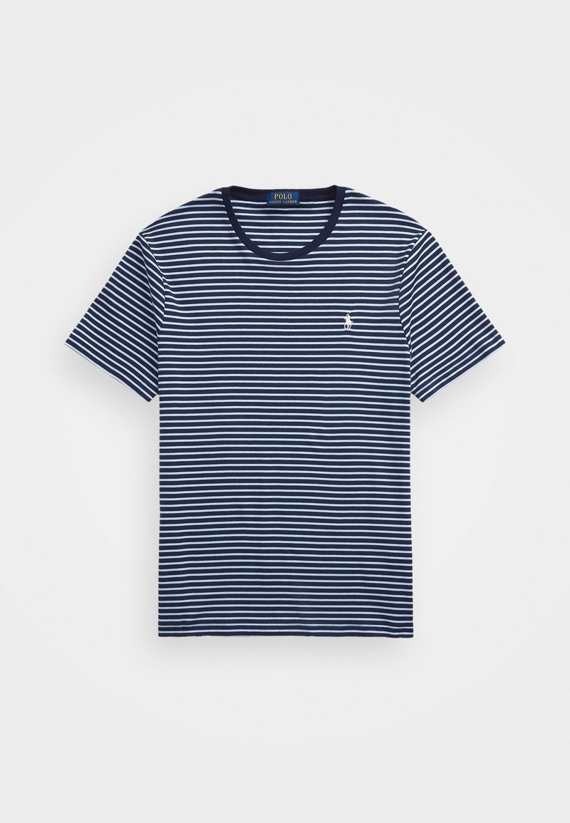Navy and light blue striped short-sleeve T-shirt, featuring a crew neck and a small logo on the left chest. Cotton fabric, casual design.