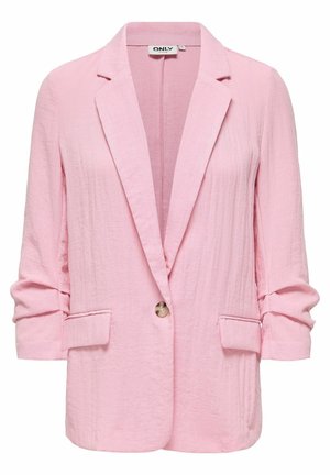 Šviesiai rožinis tekstūruotas švarkas su atvartu, vieno mygtuko užsegimas, priekinėmis kišenėmis su atvartais ir raukšlėtomis ilgomis rankovėmis.