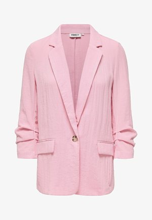 Gaiši rozā teksturēts žakete ar nošķeltām atlokiņām, vienu pogas aizdari, priekšējām kabatām ar vākli un savāktām garām piedurknēm.