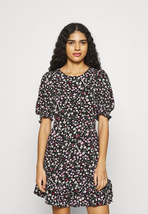 DOUBLE FRILL HEM MINI DRESS DITSY PRINT - Vapaa-ajan mekko - black