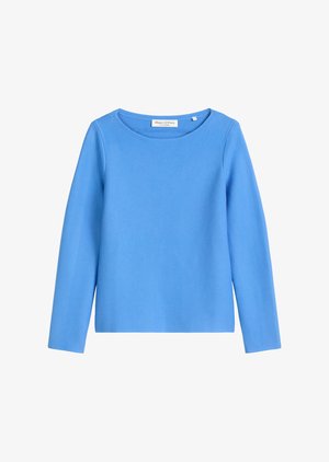 Blå, langermet genser med rund hals, myk tekstur og et enkelt, rent design. Merket synlig ved halsen.