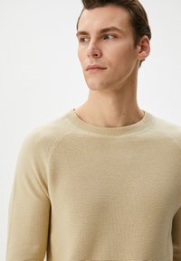 Beżowy sweter dzianinowy z okrągłym dekoltem i prążkowaną fakturą, z raglanowymi rękawami i subtelnymi poziomymi wzorami.