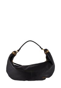 Borsa a spalla in pelle nera con forma curva, superficie testurizzata e dettagli in metallo color oro. Presenta una tracolla singola con anelli decorativi.