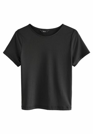 T-shirt negru cu mânecă scurtă și guler rotund. Fabricat dintr-un material moale, cu o textură fină și un design simplu, minimalist.