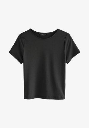 T-shirt negru cu mânecă scurtă și guler rotund. Fabricat dintr-un material moale, cu o textură fină și un design simplu, minimalist.