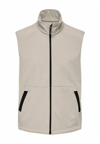 Beige ärmellose Weste mit hohem Kragen, vollem Frontreißverschluss und zwei Seitentaschen. Schwarzer Reißverschluss und Taschenakzente kontrastieren mit dem Körper.
