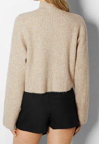 Beige-värinen lyhyt neulepaita, jossa on ribbikuosi ja korkeahihainen kaulus. Pitkät hihat. Yhdistetty mustiin shortseihin, luoden rento kerrospukeutumisen ilmeen.