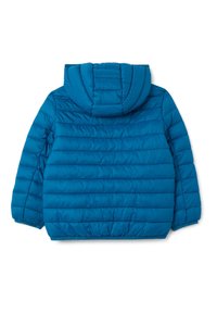 Blauwe pufferjack met capuchon, met een gequilt ontwerp en elastische manchetten. Soepele textuur met zichtbare stiksels en een afgeronde zoom.
