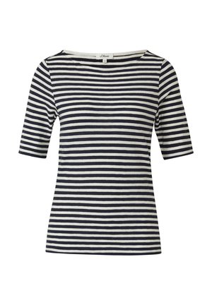 Czarna i biała koszulka w poziome paski z krótkim rękawem i okrągłym dekoltem, przedstawiona na jednolitym białym tle.