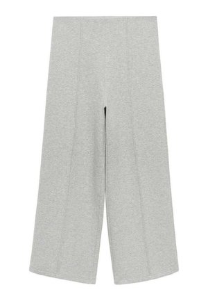 Pantaloni grigi a gamba larga realizzati in tessuto morbido. Il design presenta cuciture verticali e una vita alta, offrendo una vestibilità comoda.