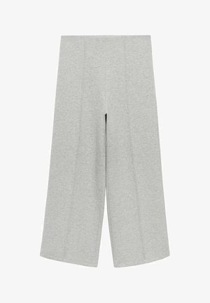 Szare spodnie z szerokimi nogawkami wykonane z miękkiego materiału. Krój z pionowymi szwami i wysokim stanem zapewnia luźny fason.