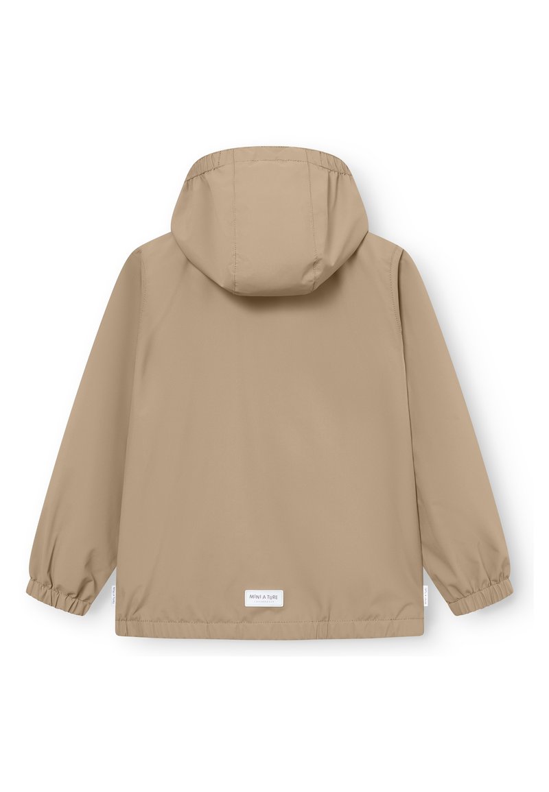 Giacca leggera beige con cappuccio, polsini elasticizzati e orlo dritto. Caratterizzata da un'etichetta sulla parte bassa anteriore, texture liscia e design minimalista.