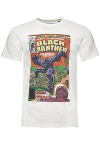 Vit bomullströja med en livlig serietidningsgrafik av Black Panther, med djärva färger, detaljerade illustrationer och textaccenter.