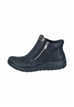Bottines en cuir noir avec couture décorative, détail de fermeture éclair, semelle texturée et col rembourré pour le confort.