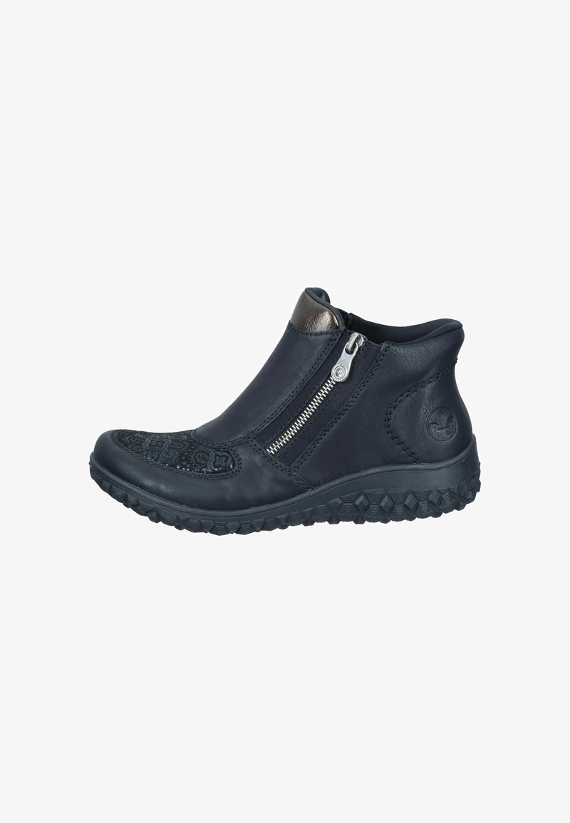 Bottines en cuir noir avec couture décorative, détail de fermeture éclair, semelle texturée et col rembourré pour le confort.