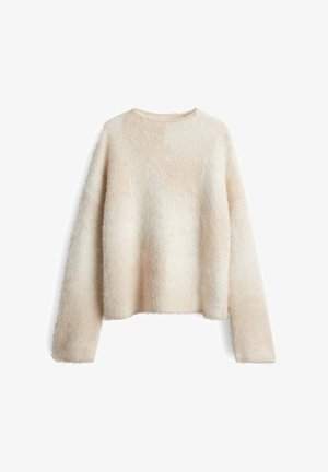 Hellbeiges, flauschiges Sweatshirt mit Rundhalsausschnitt, langen Ärmeln und lockerer Passform. Weiche Textur mit einem Verlaufsmuster.