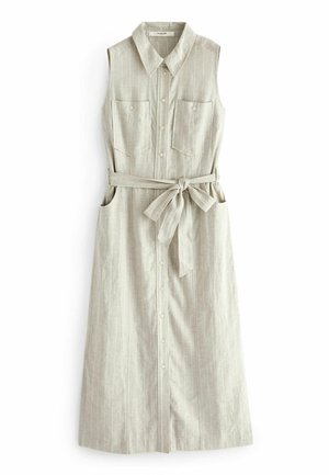 Hellbeiges ärmelloses Kleid mit vertikalen Streifen, Knopfleiste vorne, zwei Brusttaschen, taillengürtel und Seitentaschen.