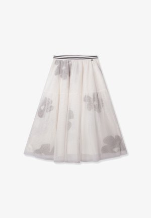 Tulle skirt in white with gray floral patterns, featuring a striped waistband. Flowy silhouette with layered design for added texture.