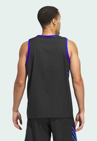 Black sleeveless sports jersey with blue accents on the collar and side, featuring multi-colored abstract stripes on the sides.