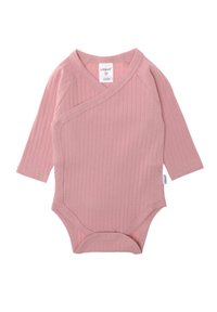 Rosa gerippter Langarm-Bodysuit mit Wickeldesign, ausgestattet mit Druckknöpfen im Schritt, aus einem weichen Material für maximalen Komfort.