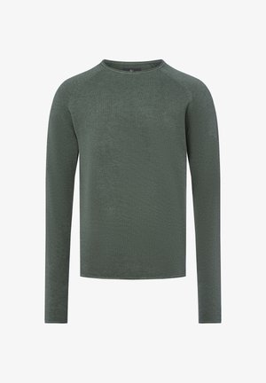 Pull en tricot à manches longues de couleur vert olive, avec un col rond et un tissu texturé, présenté sur un fond blanc.