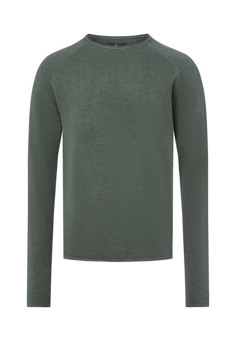 Pull en tricot à manches longues de couleur vert olive, avec un col rond et un tissu texturé, présenté sur un fond blanc.