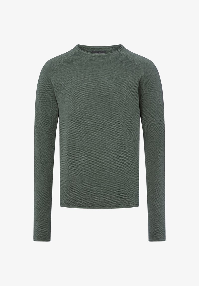 Long-sleeve, olive green knit sweater with crew neckline and textured fabric, displayed on a white background.