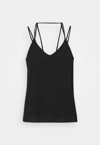 Black camisole top with a V-neck and thin adjustable straps. Smooth material with a straight hem and a relaxed fit.