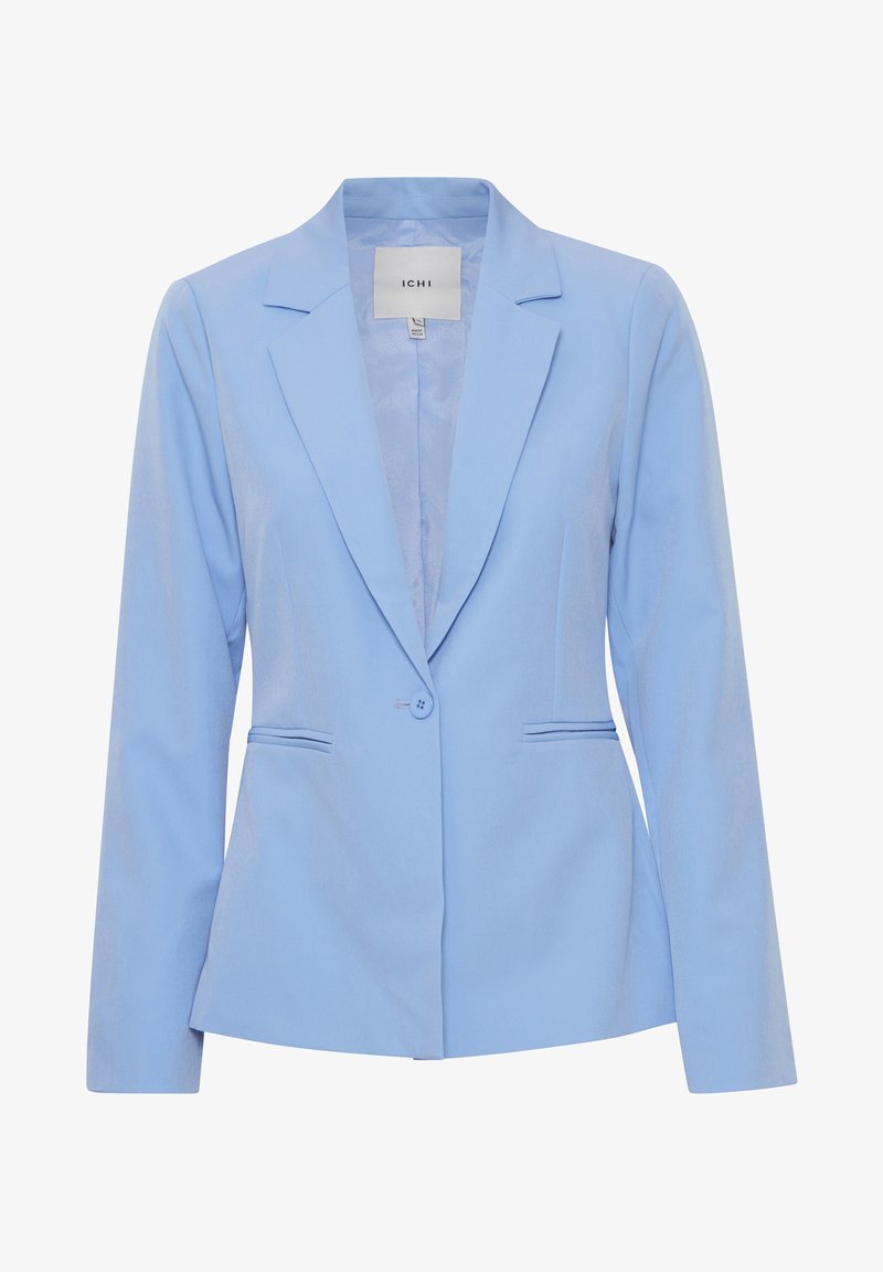 Blazer bleu clair à un bouton avec revers en encoche, deux poches passepoilées devant, et une étiquette de marque à l’intérieur du col.