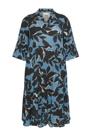 Sinine lilleline põlvikuni kleit mustade lehtedega, pleeditud tekstuur ja laiad varrukad. Omab V-kaela ja kihilisi seeliku kujundust.