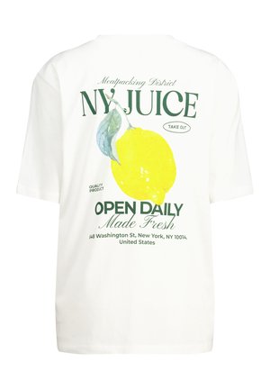 Weißes Baumwoll-T-Shirt mit einem grafischen Design einer Zitrone und Text, einschließlich "NY JUICE", in grün und schwarz. Kurze Ärmel, lockere Passform.