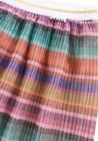 Pleated skirt with multicolored horizontal stripes in turquoise, pink, orange, and brown; soft material with a white waistband and gold accent.