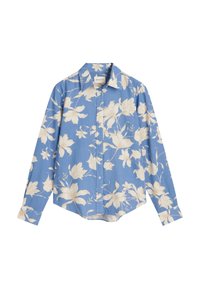 Camicia button-up in tessuto azzurro chiaro con grande motivo floreale bianco. Presenta un colletto classico e maniche lunghe. Orlo leggermente curvo.