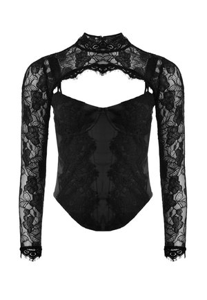 Body a maniche lunghe in pizzo nero con motivi floreali, collo alto e dettaglio a taglio sul petto e sulle spalle.