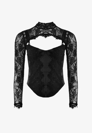 Body a maniche lunghe in pizzo nero con motivi floreali, collo alto e dettaglio a taglio sul petto e sulle spalle.