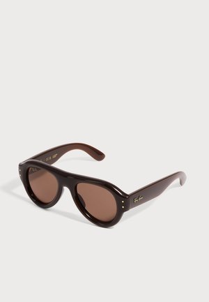 Brune Ray-Ban solbriller med tykke runde stel og mørke linser på en lys baggrund.