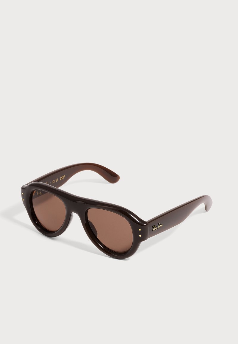 Καφέ γυαλιά ηλίου Ray-Ban με χοντρά στρογγυλεμένα πλαίσια και σκουρόχρωμους φακούς σε ανοιχτό φόντο.