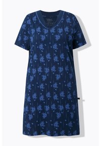 Abito navy a maniche corte con stampa floreale in tonalità di blu. Presenta un décolleté a V e una vestibilità comoda. Tessuto morbido con una texture liscia.