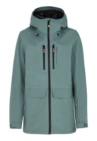 Helle türkisfarbene Jacke mit Kapuze, ausgestattet mit zwei vorderen Reißverschlusstaschen, einem durchgehenden Reißverschluss und kontrastierenden pinken Reißverschlussgriffen. Hergestellt aus wasserdichtem Material.