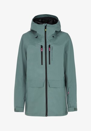 Svetlo tyrkysová bunda s kapucňou, obsahujúca dve predné zipsové vrecká, celý zips a kontrastné ružové ťaháky na zips. Vyrobená z vodeodolného materiálu.